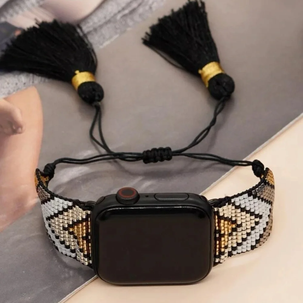 NWT Bead Tassel Woven Apple Watch Band 38/40/41 Black and Gold - Picture 1 of 5